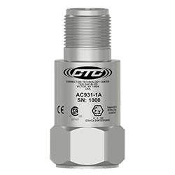 A stainless steel AC931 standard size class 1, division 2 / zone 2 top exit sensor engraved with the CTC line logo, product number, serial number, and hazardous area certification markings.